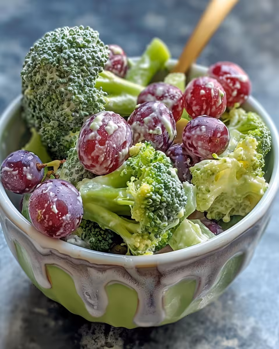 Ingredients of broccoli grape salad including broccoli, grapes, bacon and onion