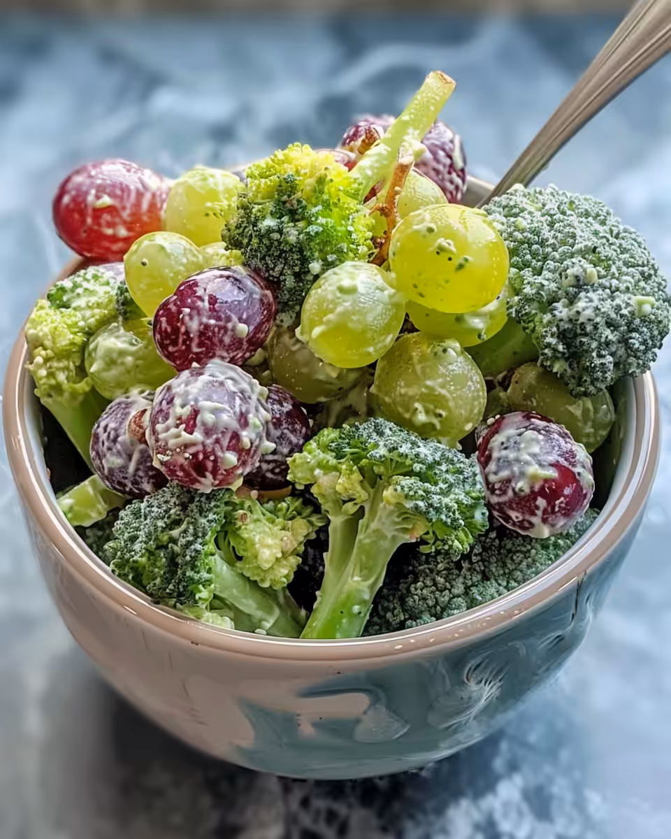 Serving of broccoli grape salad chilled and ready to eat