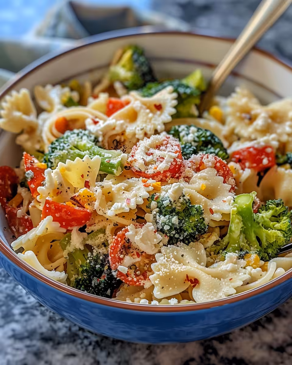 Ingredients for broccoli pasta salad including pasta, broccoli, bacon and red onion
