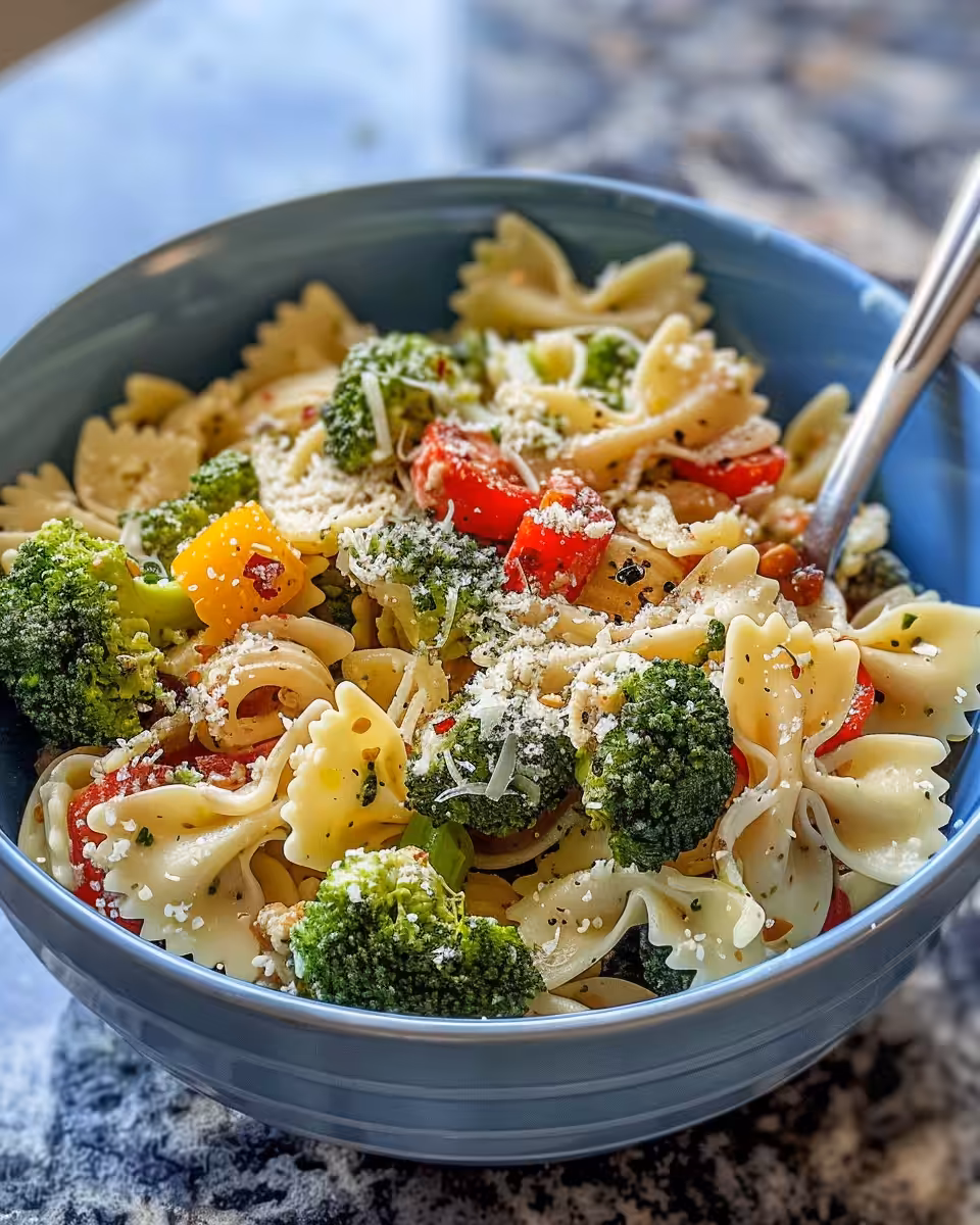 Freshly served creamy bacon broccoli pasta salad in bowl ready to enjoy