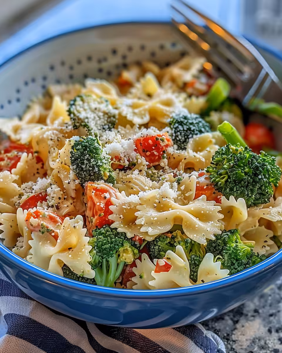 Fresh broccoli pasta salad cooking inside pressure cooker with steam