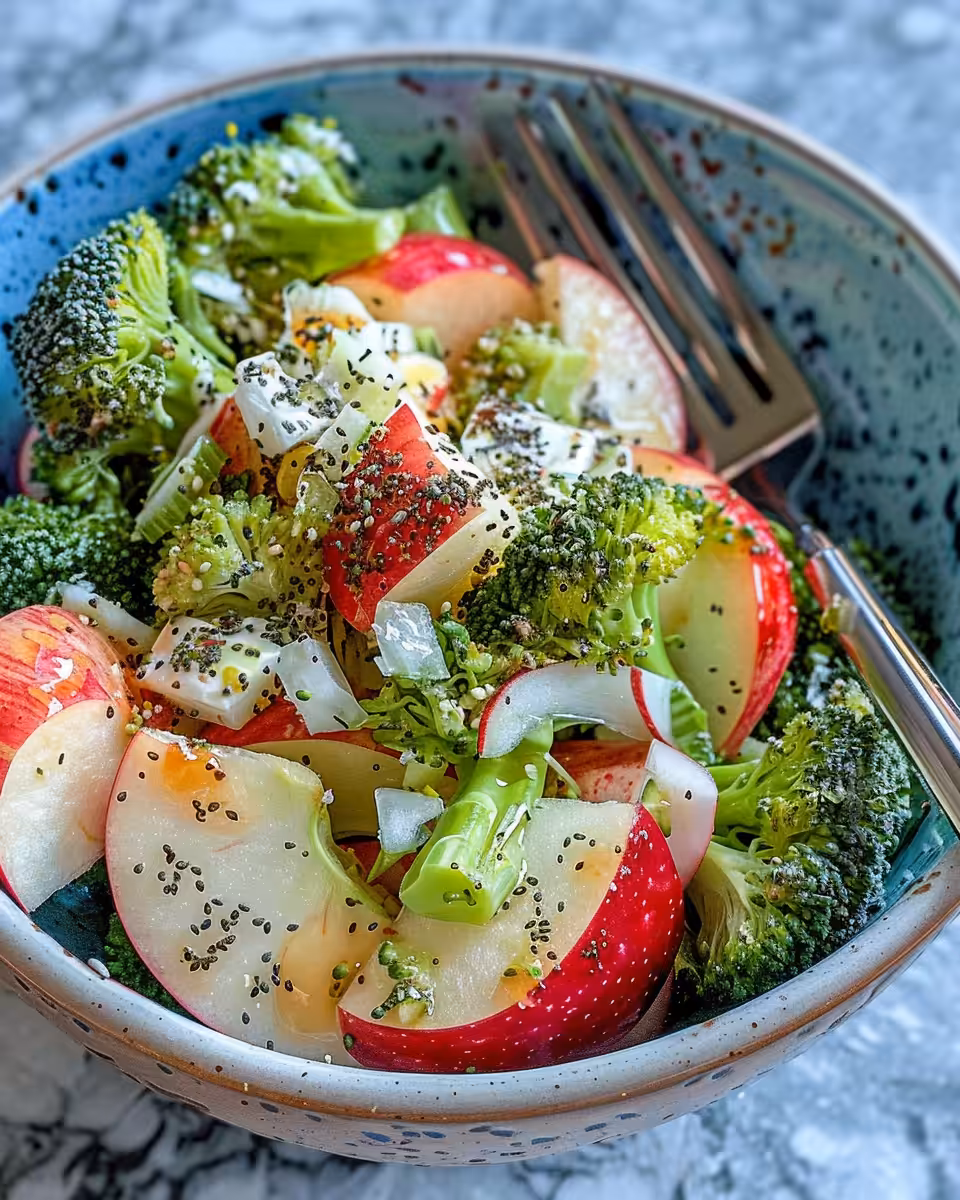 Final plated honeycrisp apple and broccoli salad served chilled