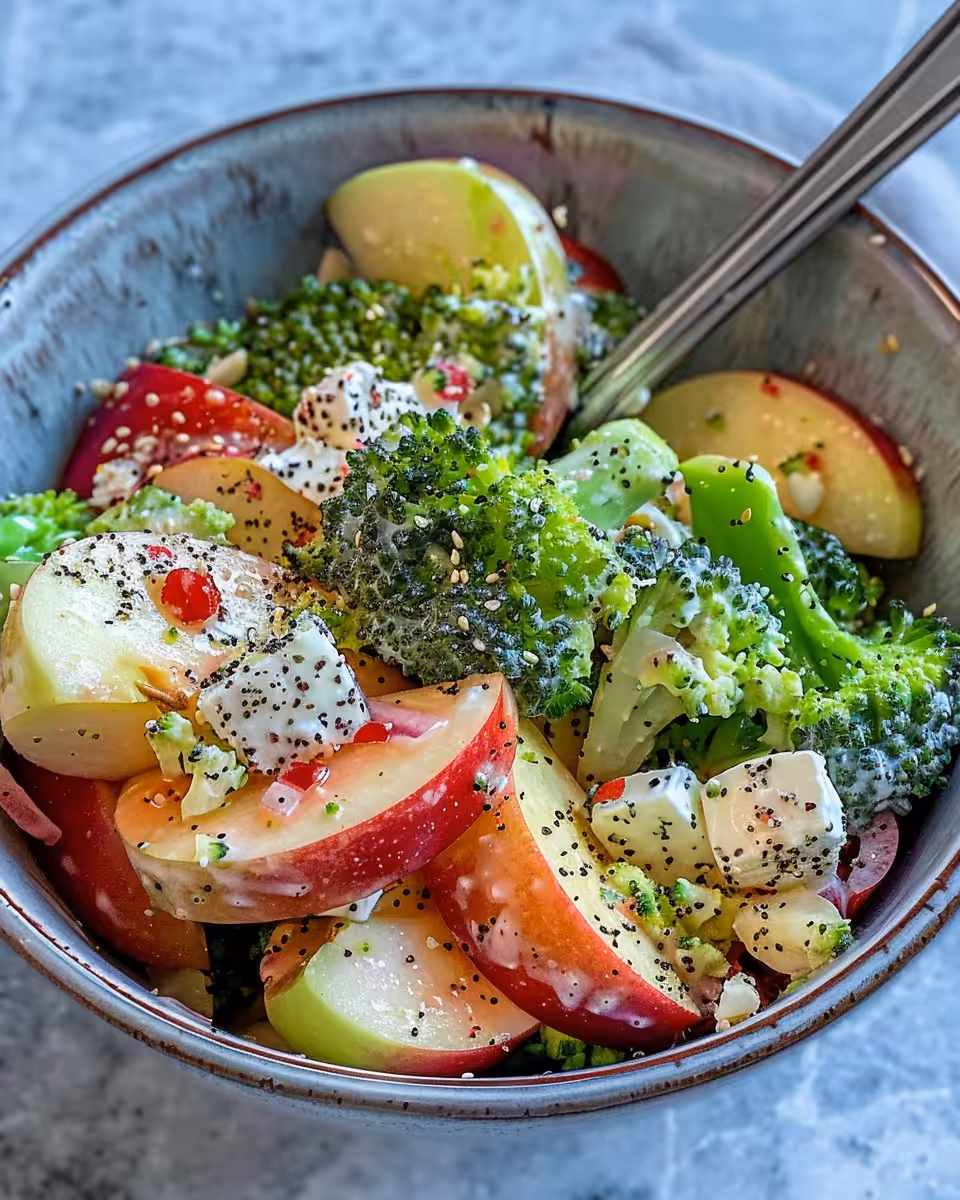 Fresh crunchy honeycrisp apple and broccoli salad in bowl