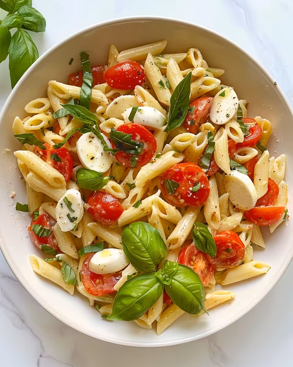 Final plated Caprese pasta salad with fresh basil and shaved pecorino cheese
