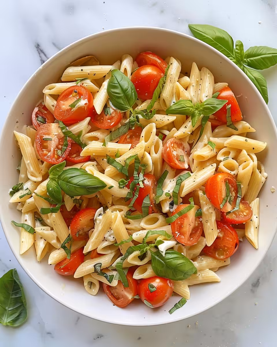 Fresh Caprese pasta salad with basil, mozzarella, and tomatoes