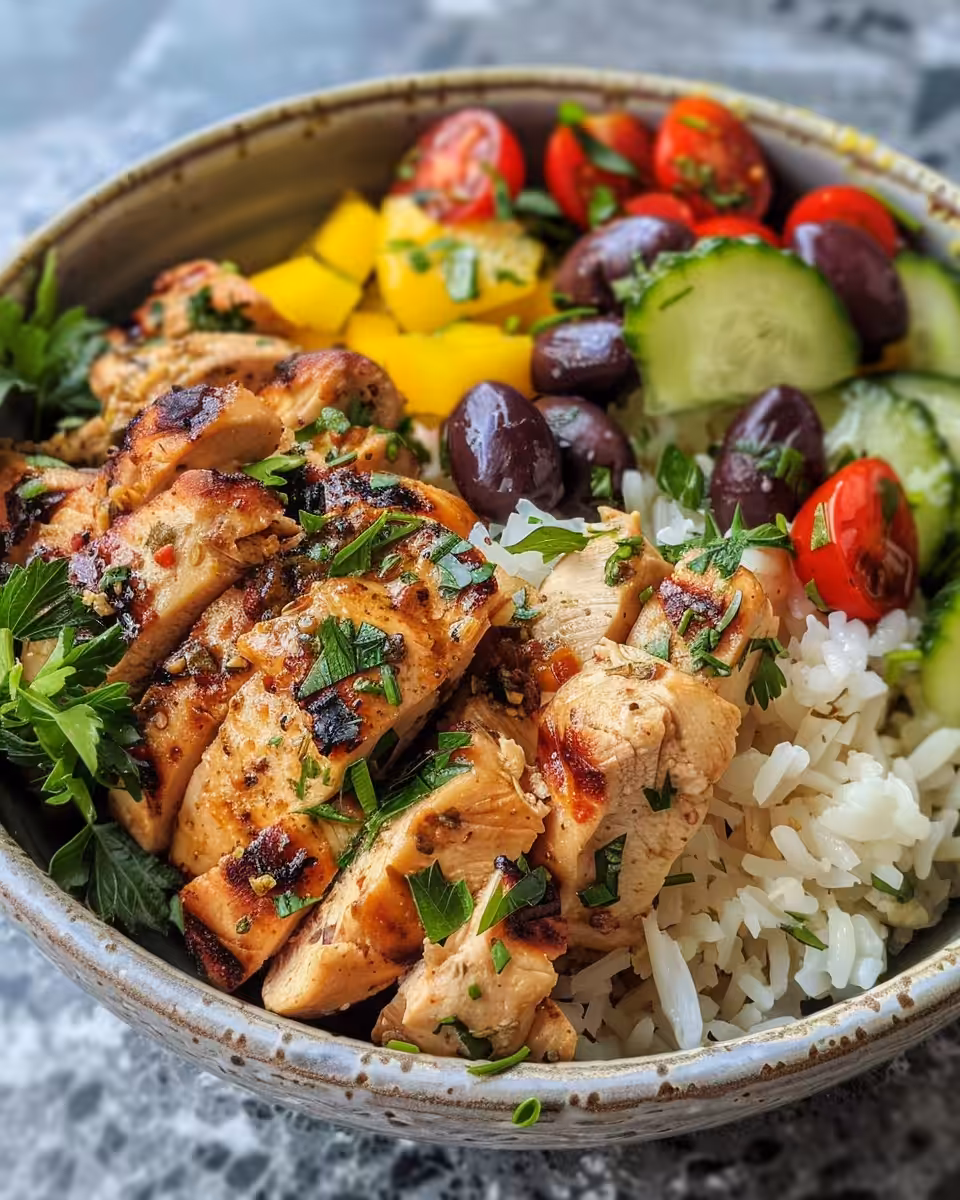 Ingredients and fresh produce for Greek chicken rice bowl including cucumbers, tomatoes, olives, and herbs