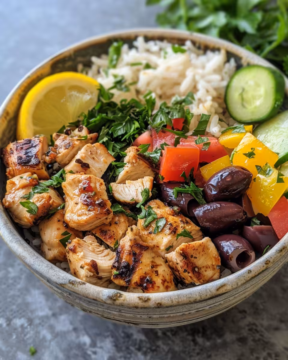 Final plated Greek chicken rice bowl with tender chicken, rice, and fresh cucumber tomato salad