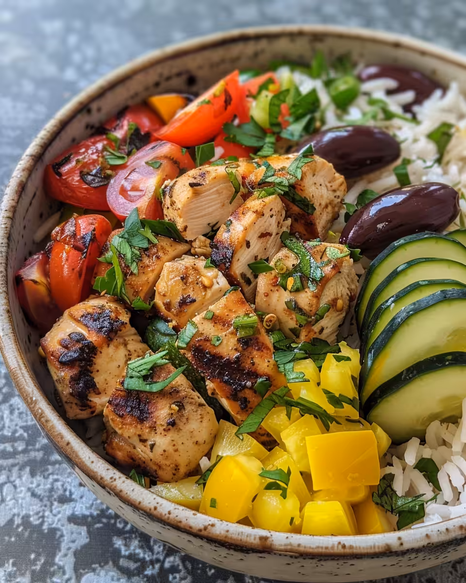 Fresh Greek chicken rice bowl served in a bowl with fresh veggies and herbs