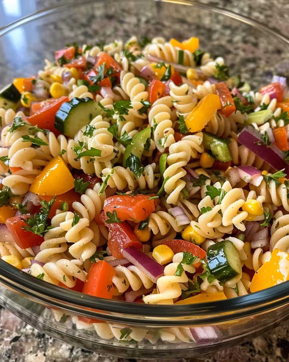 Ingredients for ranch pasta salad including rotini pasta, cherry tomatoes, cucumber, bell peppers, and more arranged in bowls