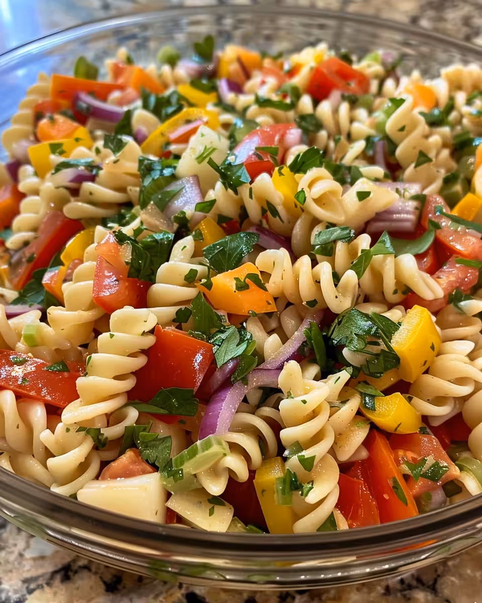 Finished ranch pasta salad served in a rustic bowl ready to be enjoyed