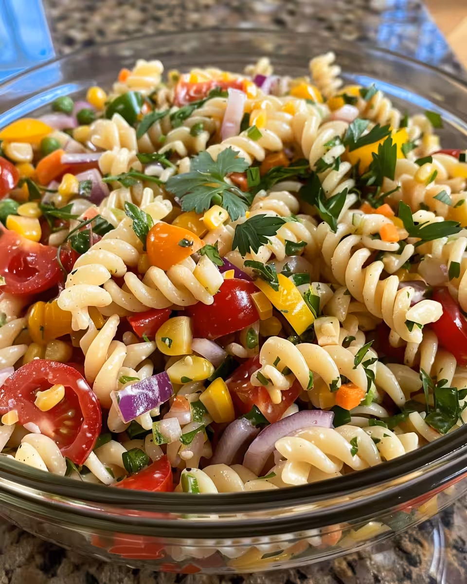 Freshly made ranch pasta salad served in a bowl showcasing colorful veggies and creamy dressing