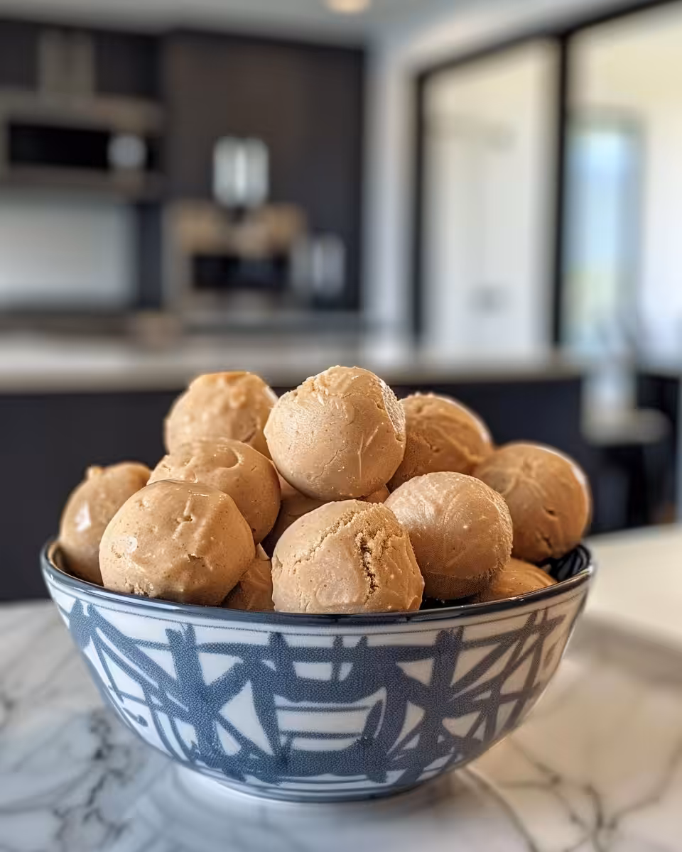 Sugar-free chocolate and peanut butter mixture drizzled over Greek yogurt bites