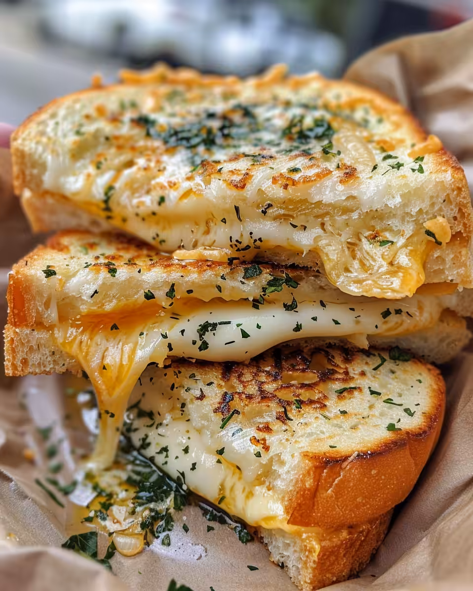 Closeup of grilled cheese sandwich showing melted cheddar and golden garlic bread