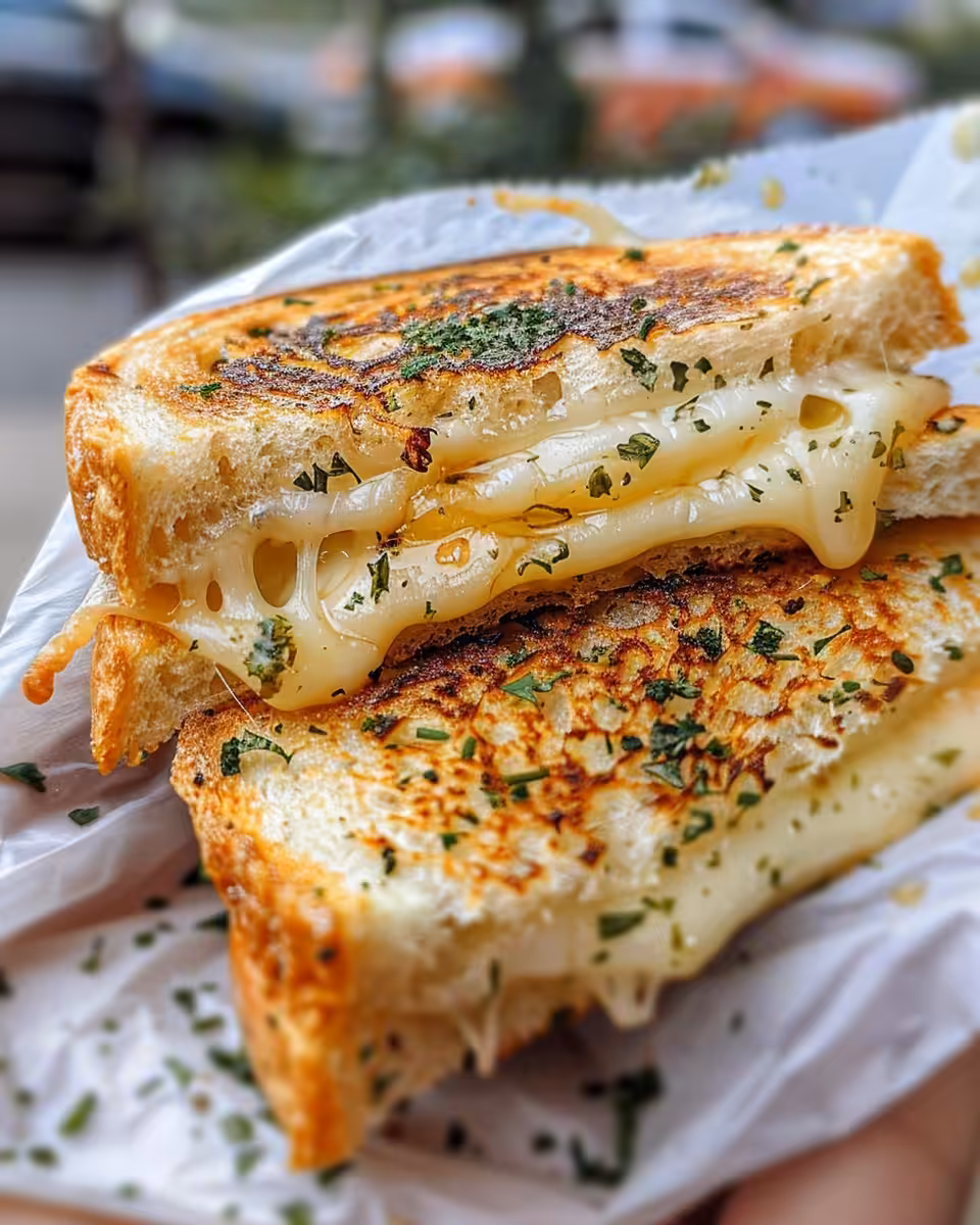 Close-up of garlic bread grilled cheese melting with gooey cheese