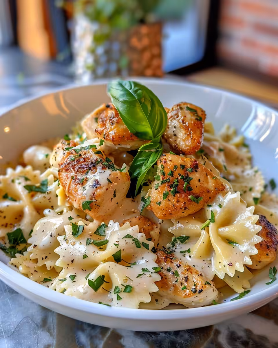Ingredients of garlic butter chicken bowtie pasta arranged on table