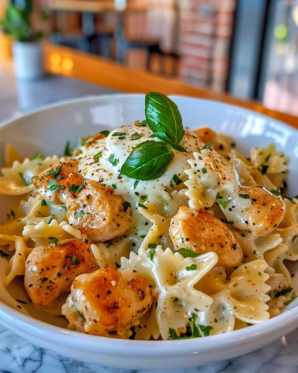 Served garlic butter chicken bowtie pasta with melted cheese
