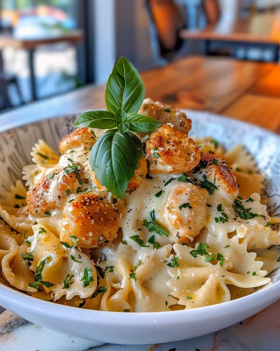 Garlic butter chicken bowtie pasta in skillet with steam rising