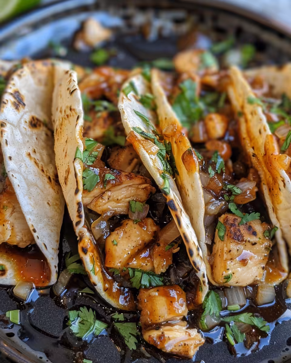 Final plated honey garlic chicken tacos with fresh slaw and toppings