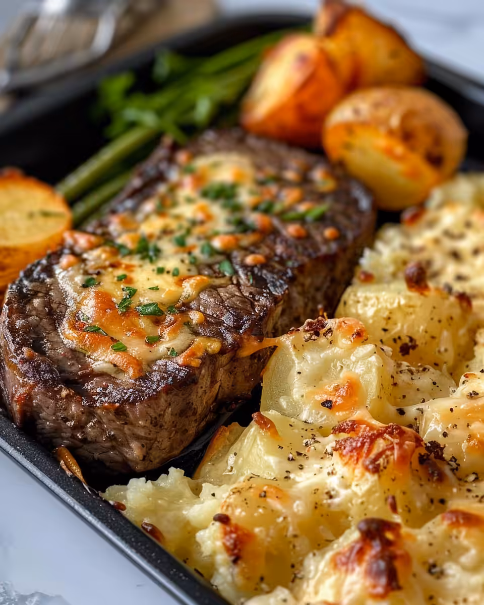 Ingredients including cubed steak, Yukon gold potatoes, garlic butter mixture