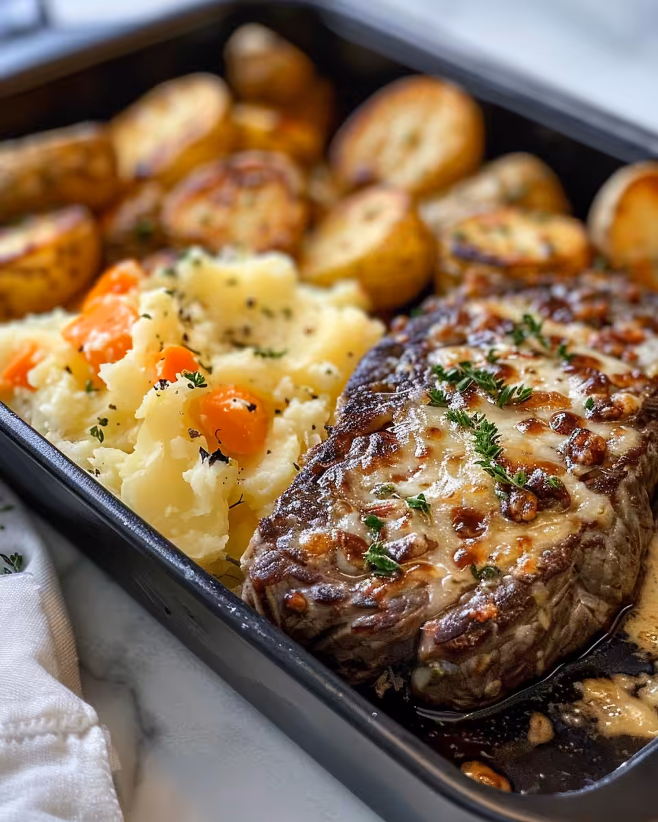 Final cooked garlic butter steak and potatoes in pressure cooker ready to serve