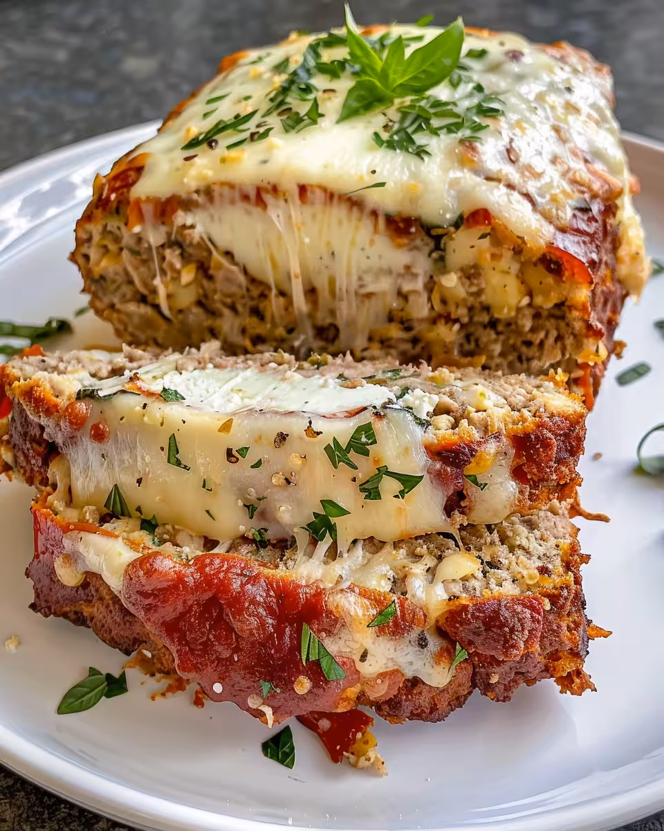 Creamy garlic Parmesan sauce poured over chicken meatloaf