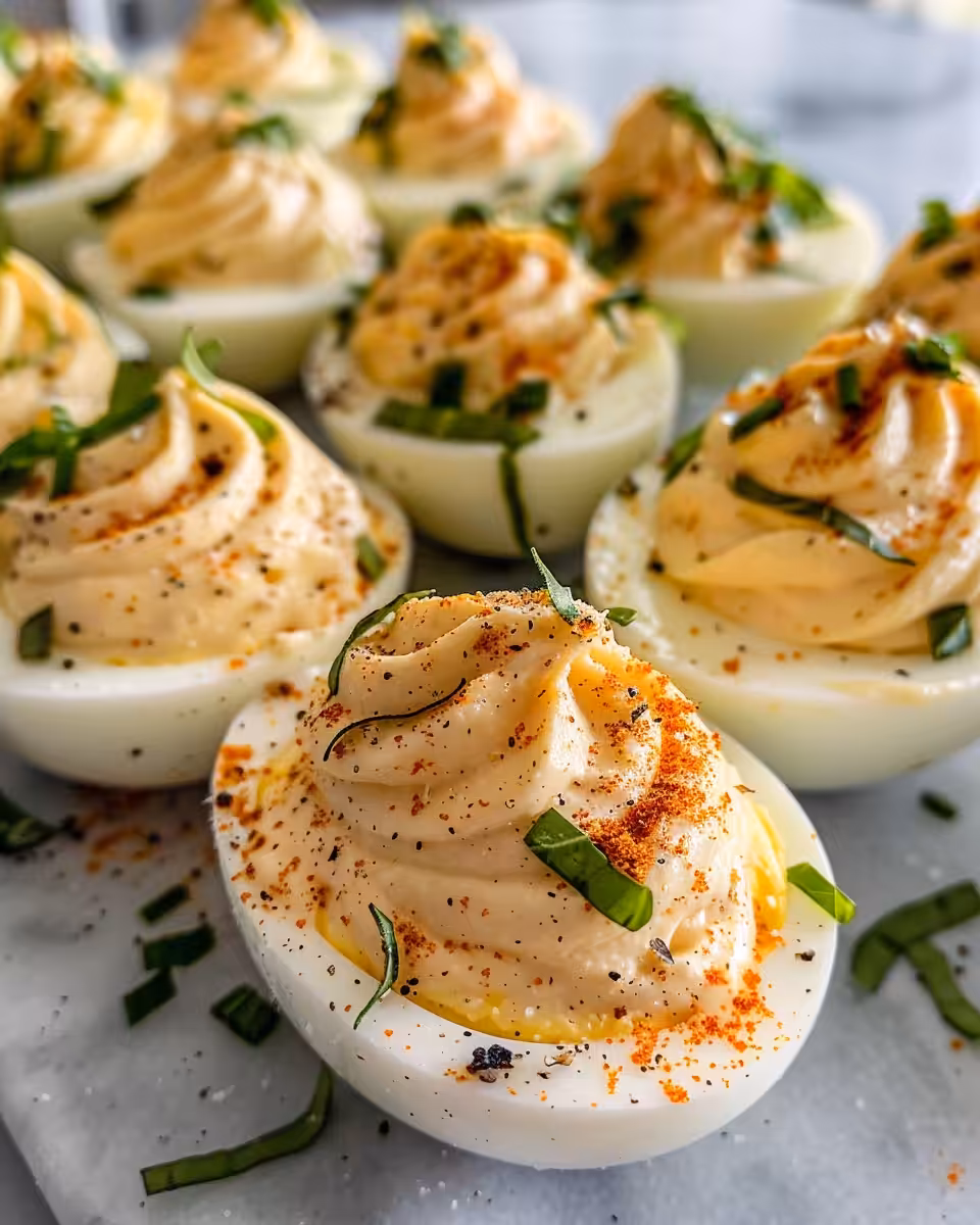 Close up of finished Garlic Parmesan Deviled Eggs ready to serve