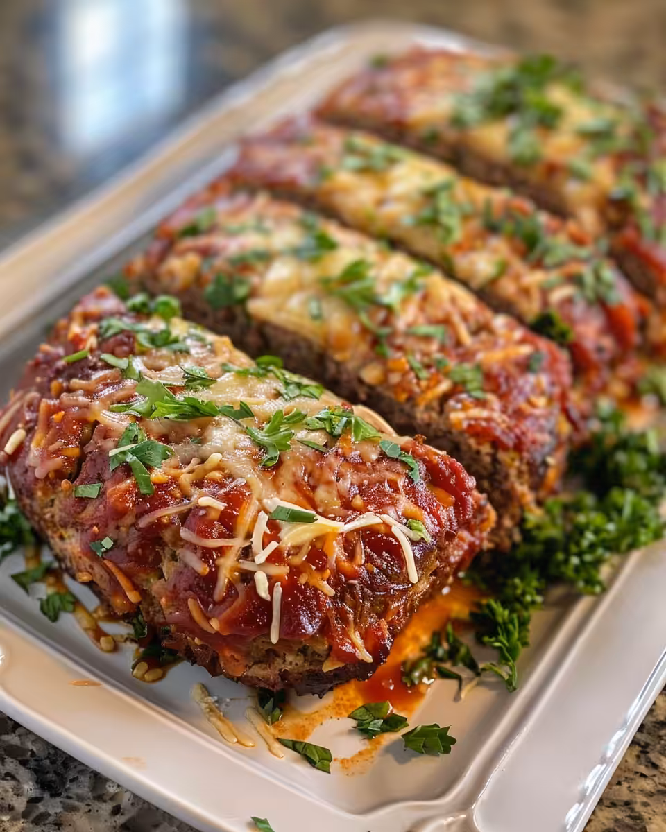 Sliced garlic Parmesan chicken meatloaf plated and ready to eat