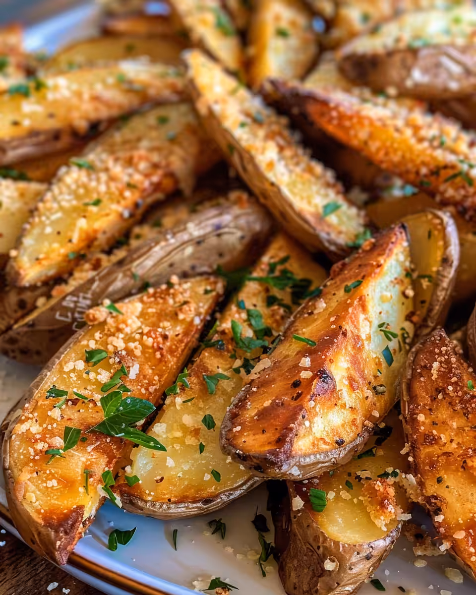 Golden crispy baked potato wedges ready to serve on a plate
