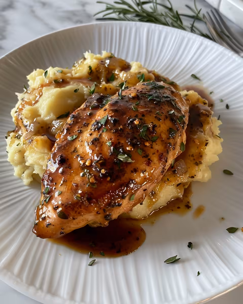 Served creamy garlic herb chicken plated and ready to eat with mashed potatoes