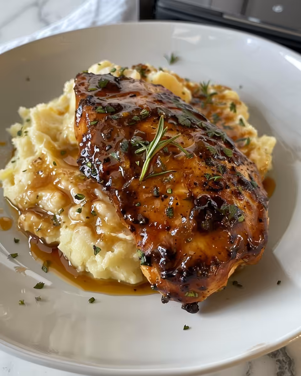 Glazed garlic herb chicken breast cooking and steaming in pressure cooker
