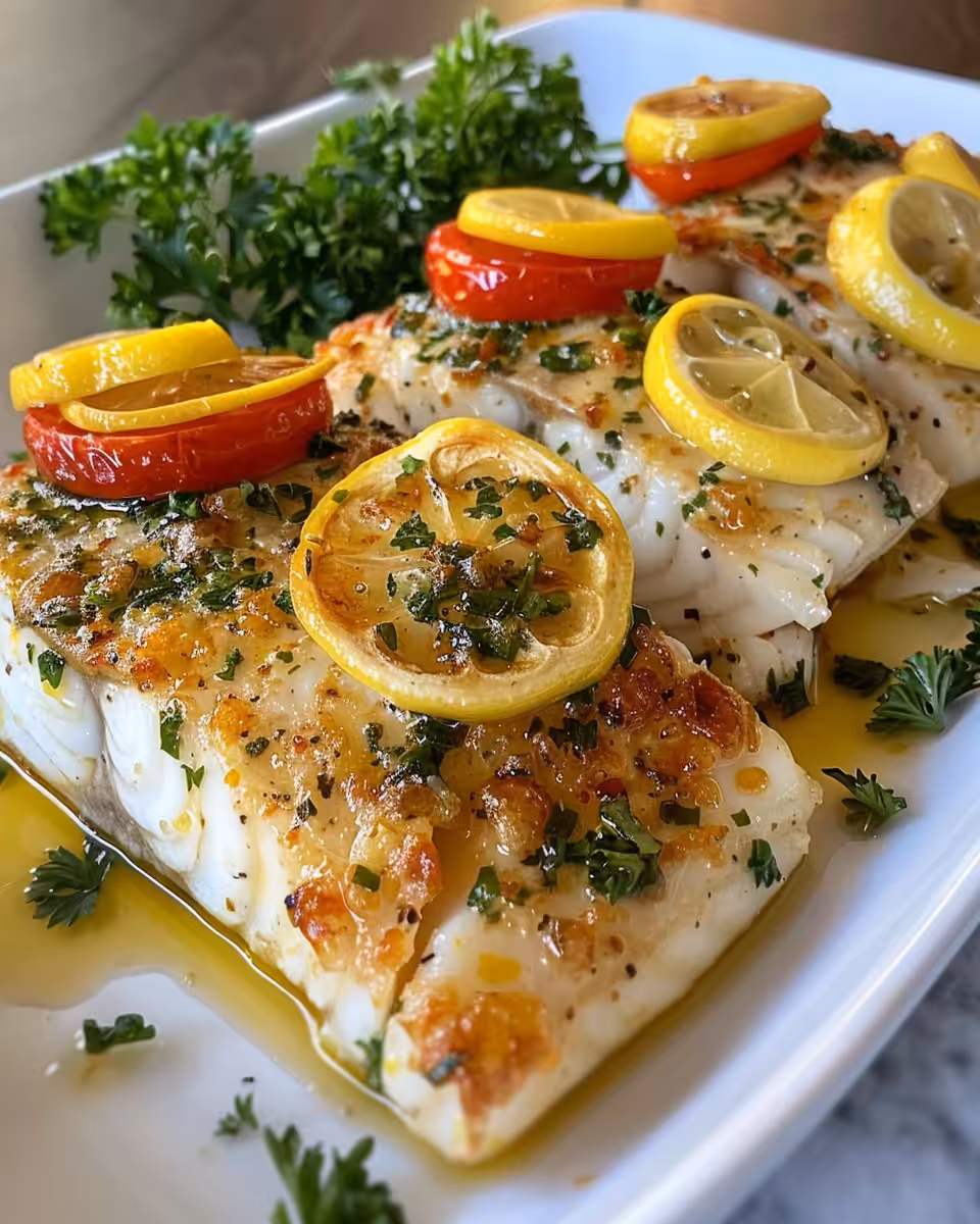 Mediterranean baked cod ingredients including tomatoes, olives, garlic, and lemon zest
