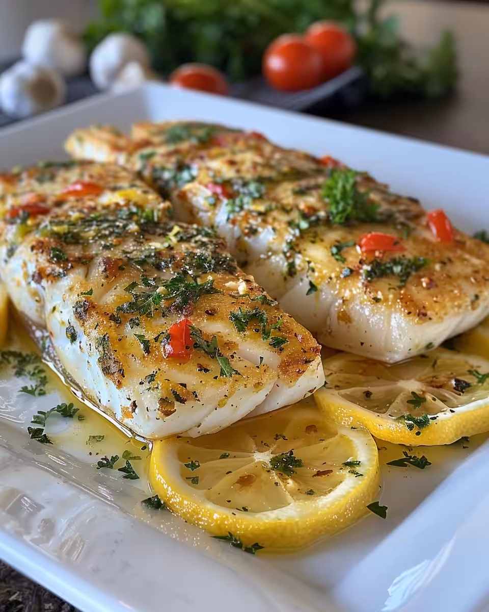 Close-up of flaky Mediterranean baked cod served with lemon wedges and fresh parsley