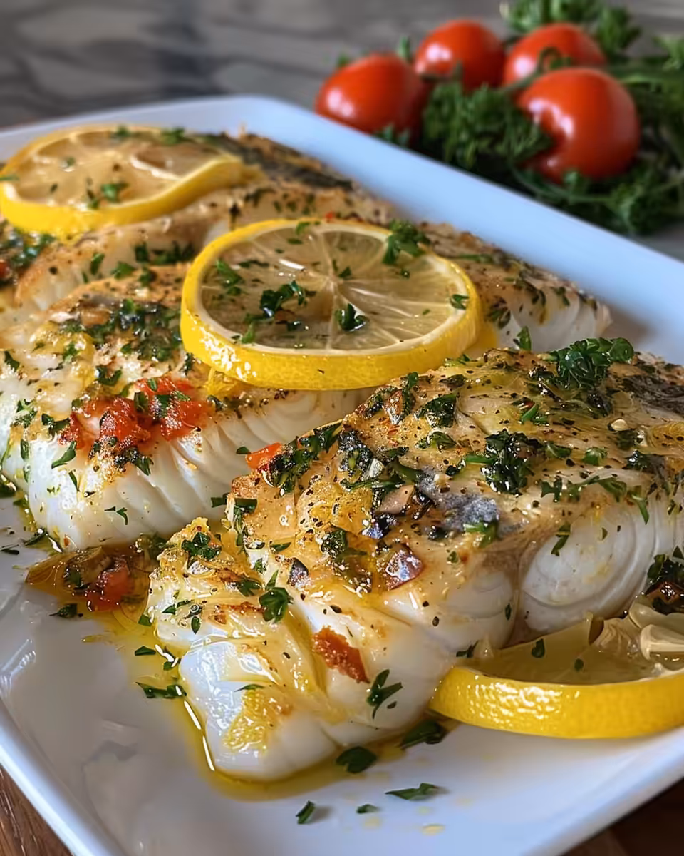 Fresh Mediterranean baked cod in pressure cooker with lemon and garlic