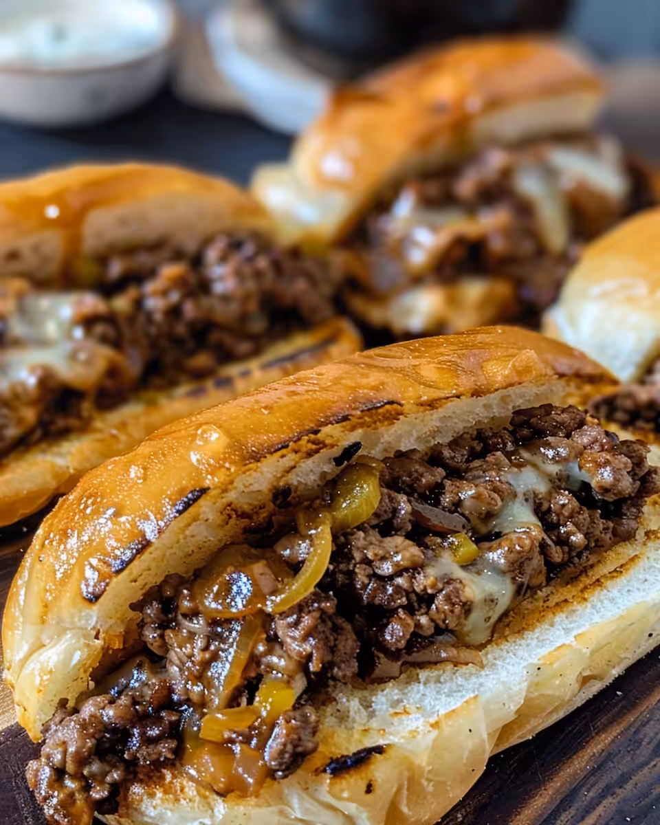 Served Philly cheesesteak sloppy joes ready to eat