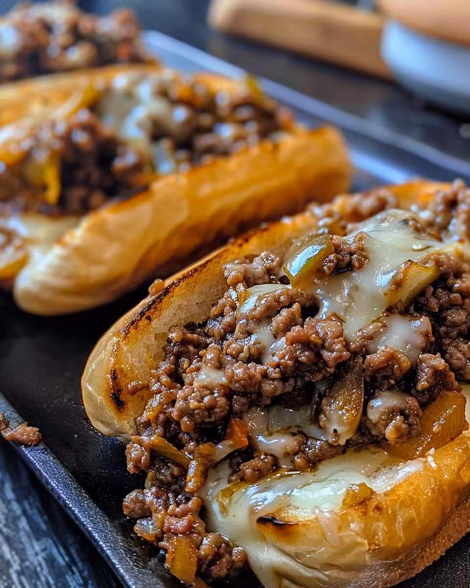 Cheesy Philly cheesesteak sloppy joes sizzling with beef and peppers