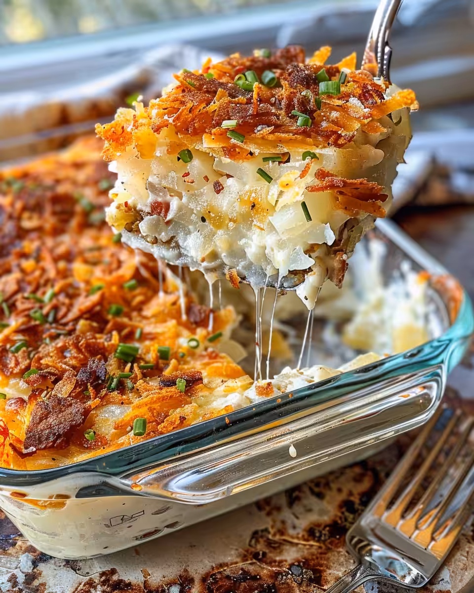 Final golden corn flake crispy topping on hash brown casserole