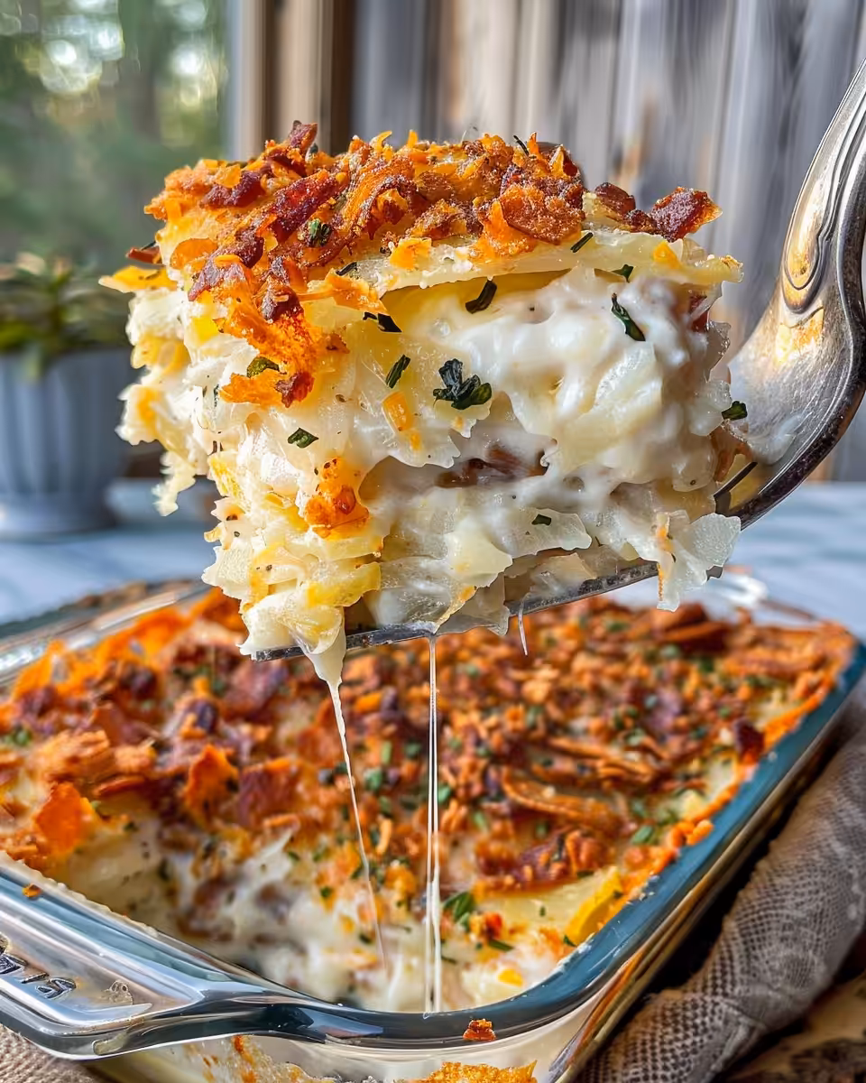 Creamy and cheesy hash brown casserole fresh from the pressure cooker