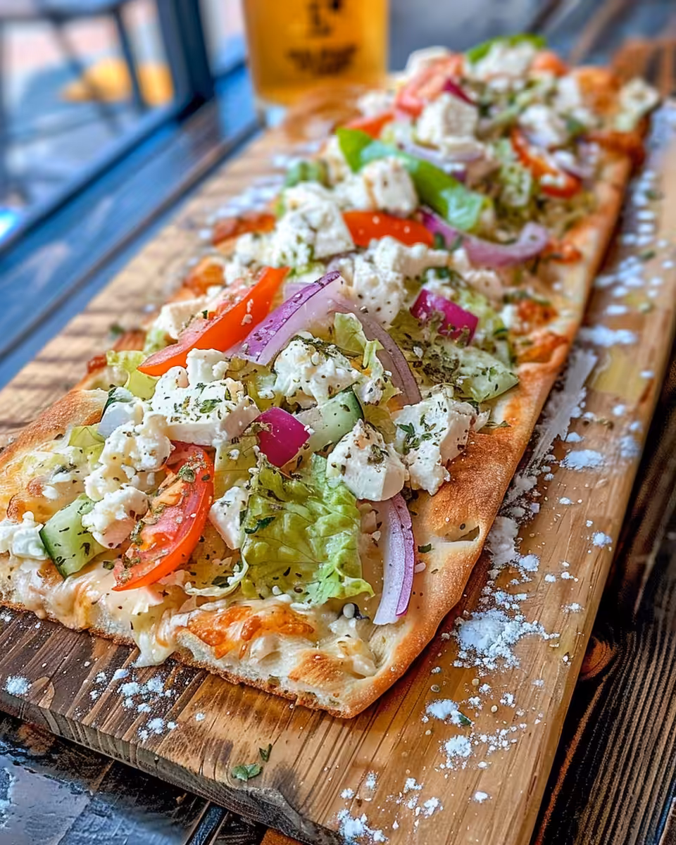 Fresh ingredients for Greek chicken flatbread including cucumber, herbs, and yogurt