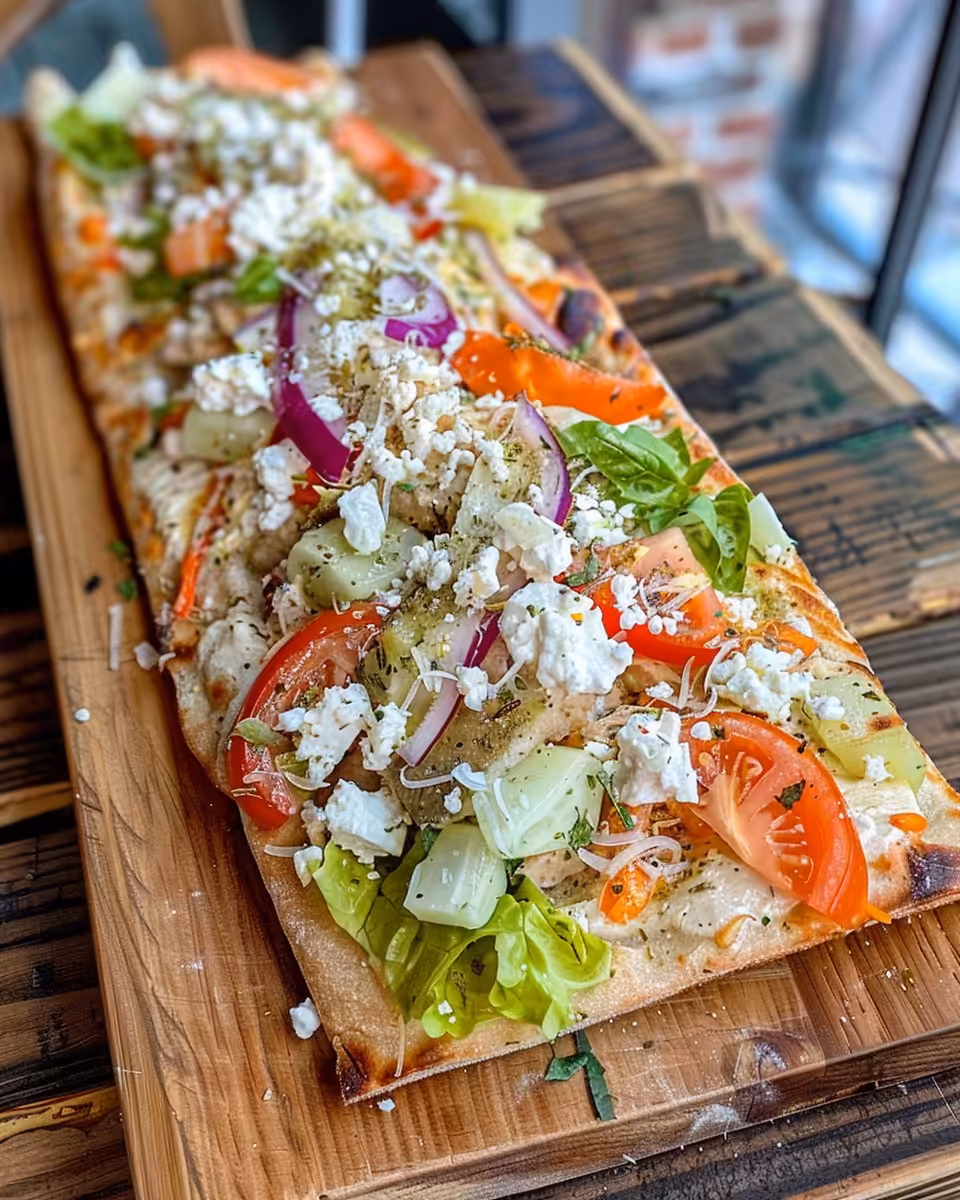 Finished Greek chicken flatbread served fresh with toppings