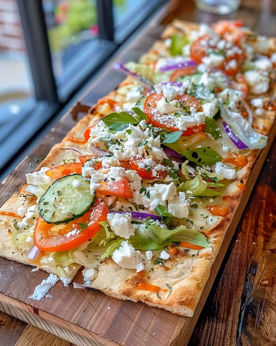 Fresh Greek chicken flatbread with tender chicken and veggies in pita