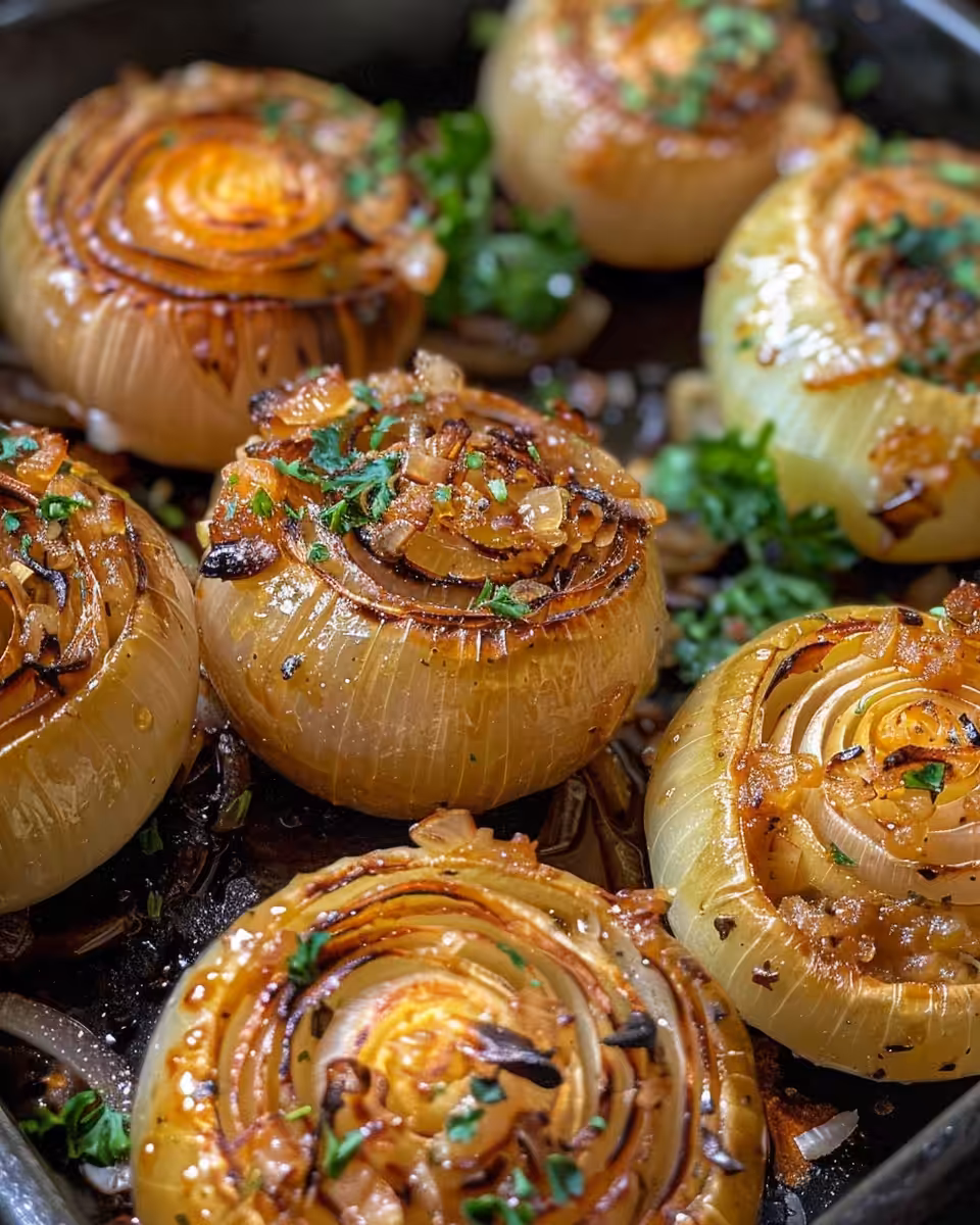 Ingredients for Greek stuffed onions including onions, ground beef, rice, and herbs