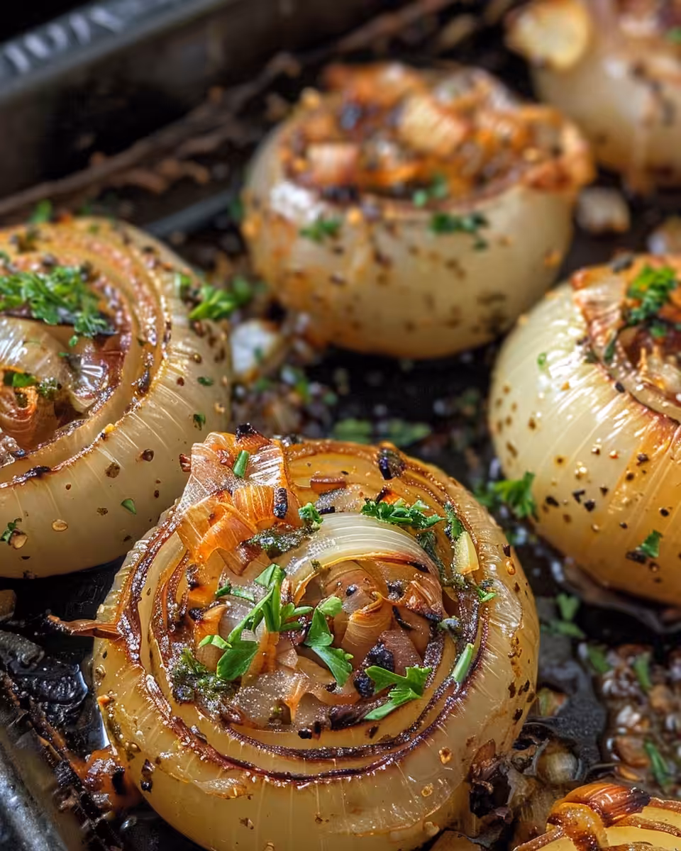Served Greek stuffed onions topped with yogurt, feta, and parsley