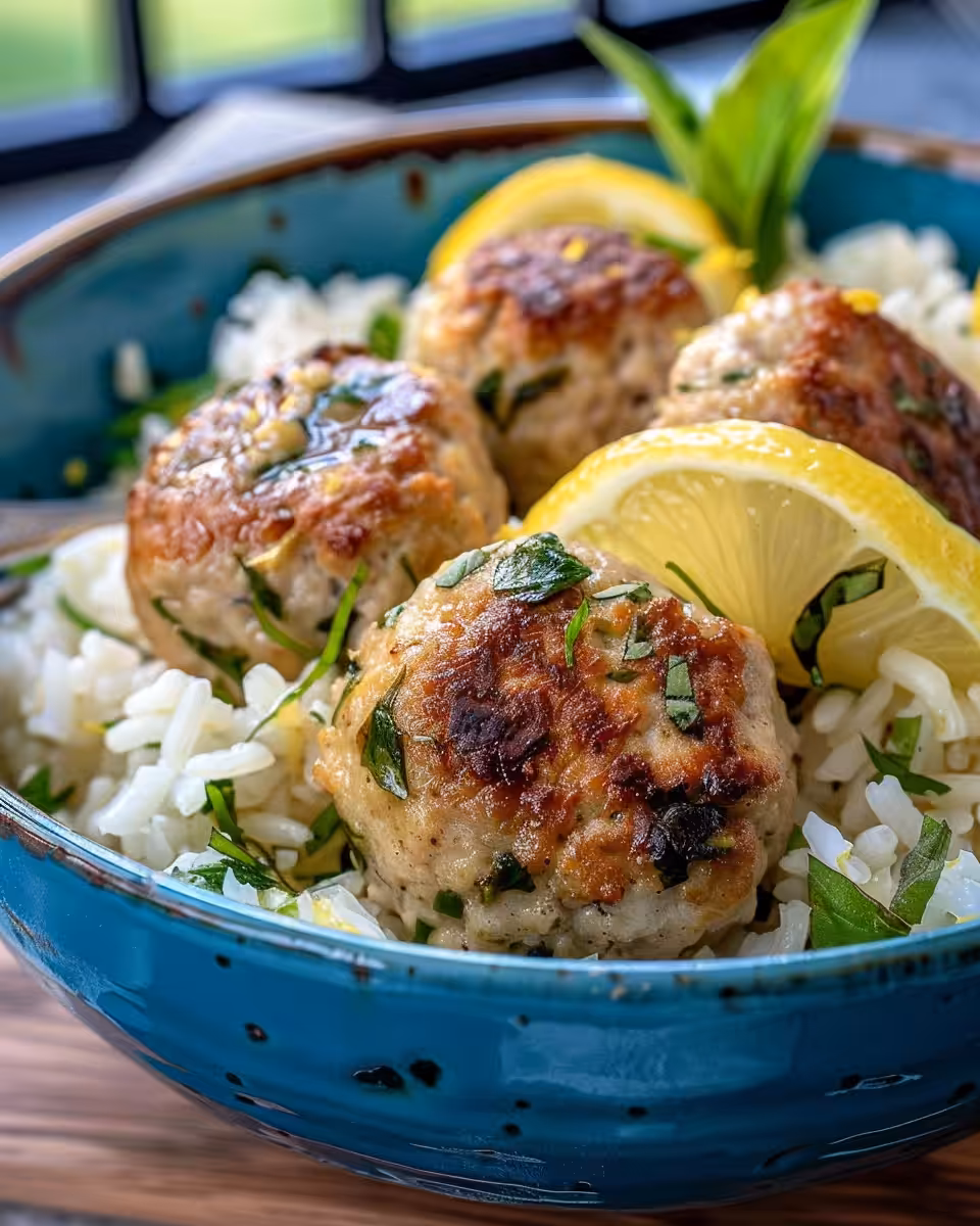 Fresh ingredients piled for Greek turkey meatballs and lemon rice skillet