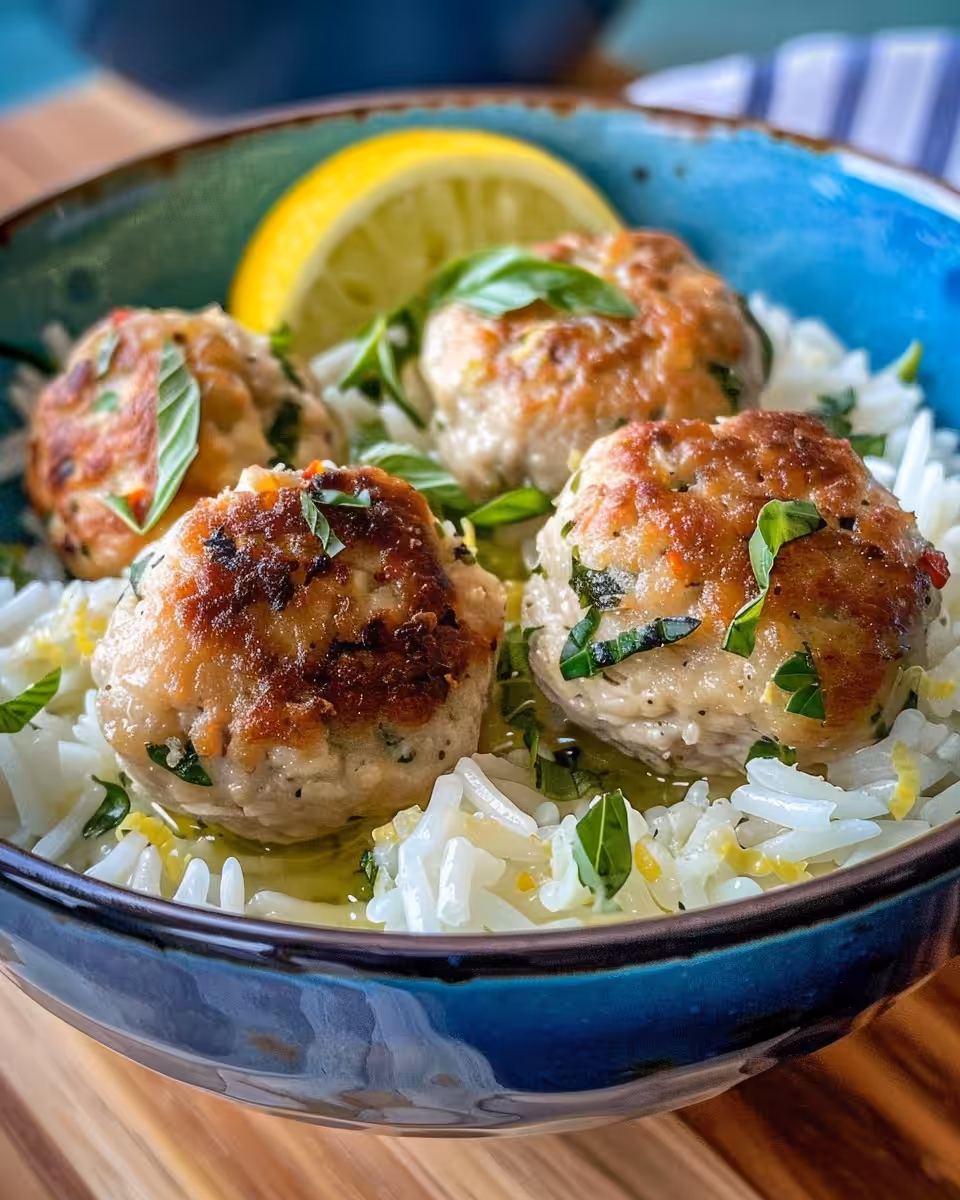 Beautifully plated Greek turkey meatballs on lemon herb rice with fresh parsley garnish