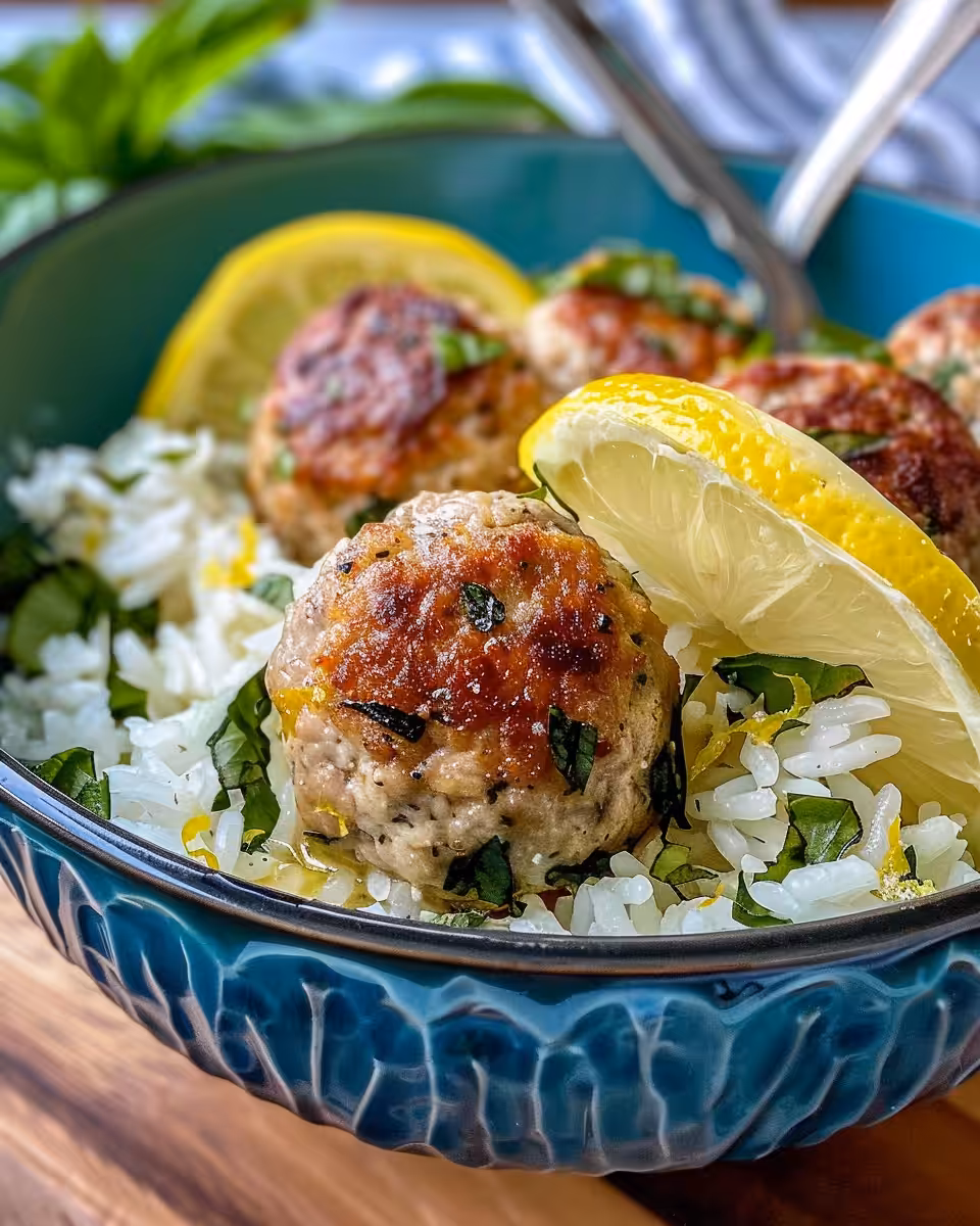 Greek turkey meatballs simmering with lemon herb rice in pressure cooker