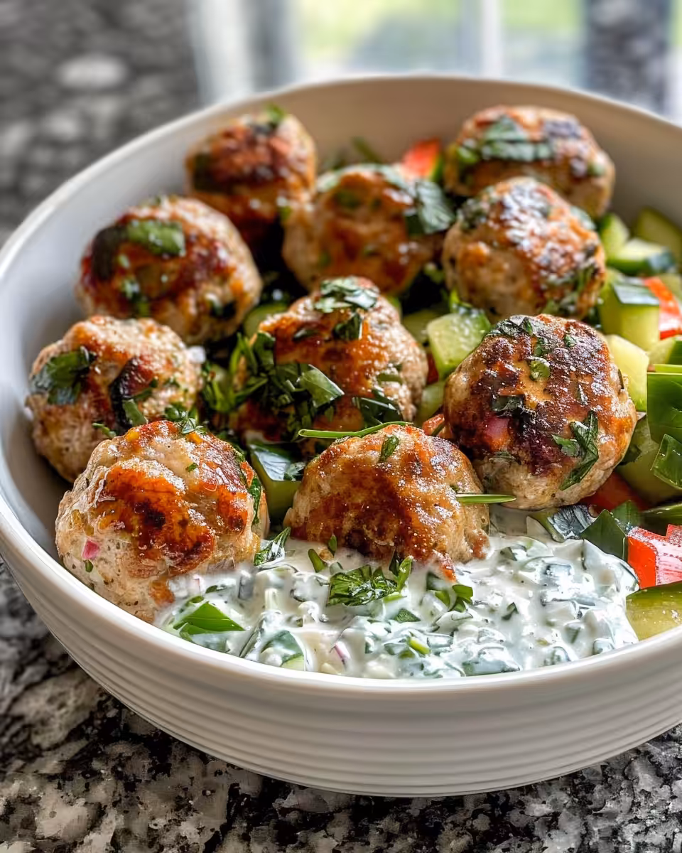 Final Greek turkey meatballs with tzatziki and vegetables plated and ready to serve