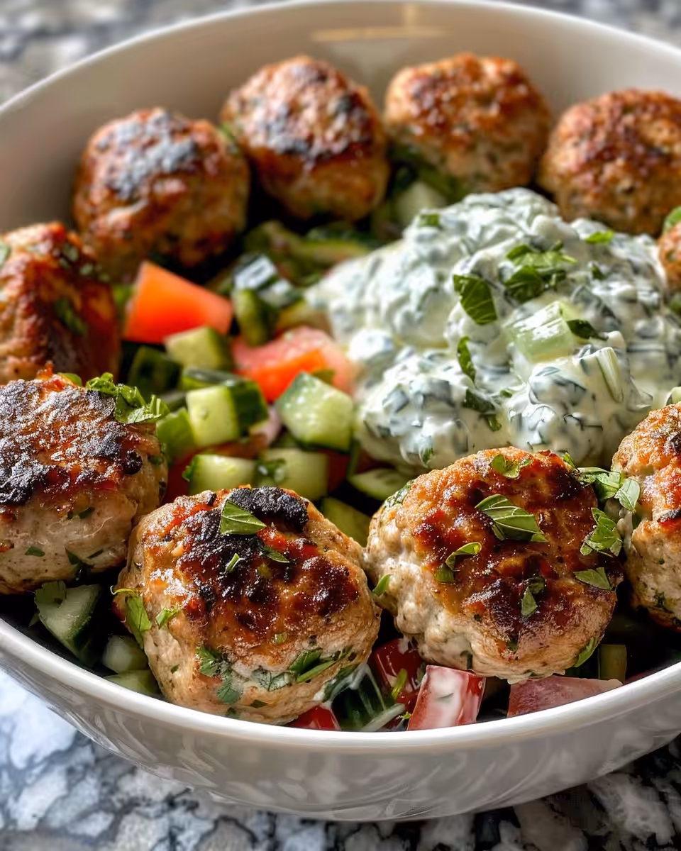 Greek turkey meatballs with fresh tzatziki sauce and flatbread