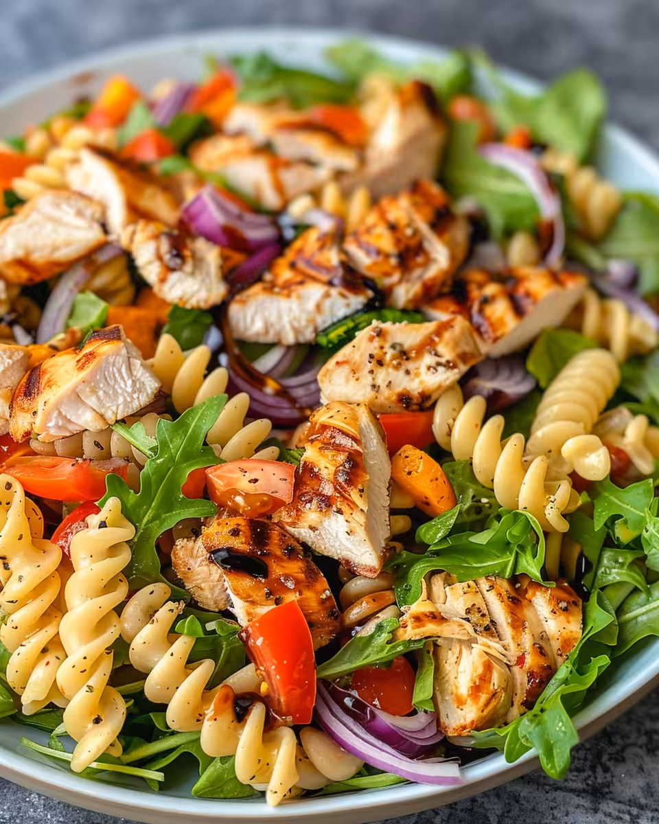 Ingredients for grilled chicken pasta salad arranged nicely