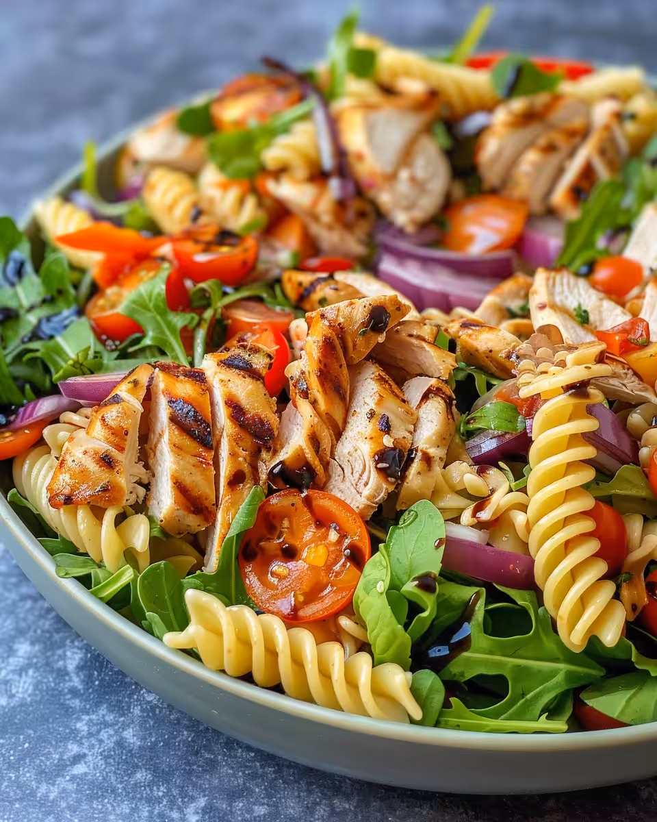 Final plated grilled chicken pasta salad served fresh