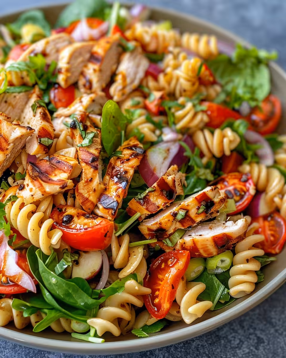 Grilled chicken pasta salad with balsamic vinaigrette fresh plated